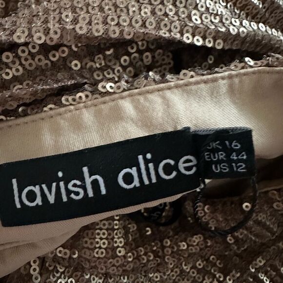 LAVISH ALICE GOLD SEQUIN OPEN BACK DRESS - SIZE 12 long sleeve midi bow detail - Picture 3 of 5